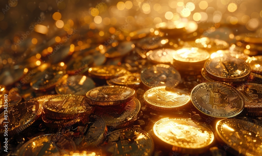Bitcoin Cryptocurrency represented as Gold Coins. Digital Banking Background. Bitcoin Cryptocurrency represented as Gold Coins. Digital Banking Background.