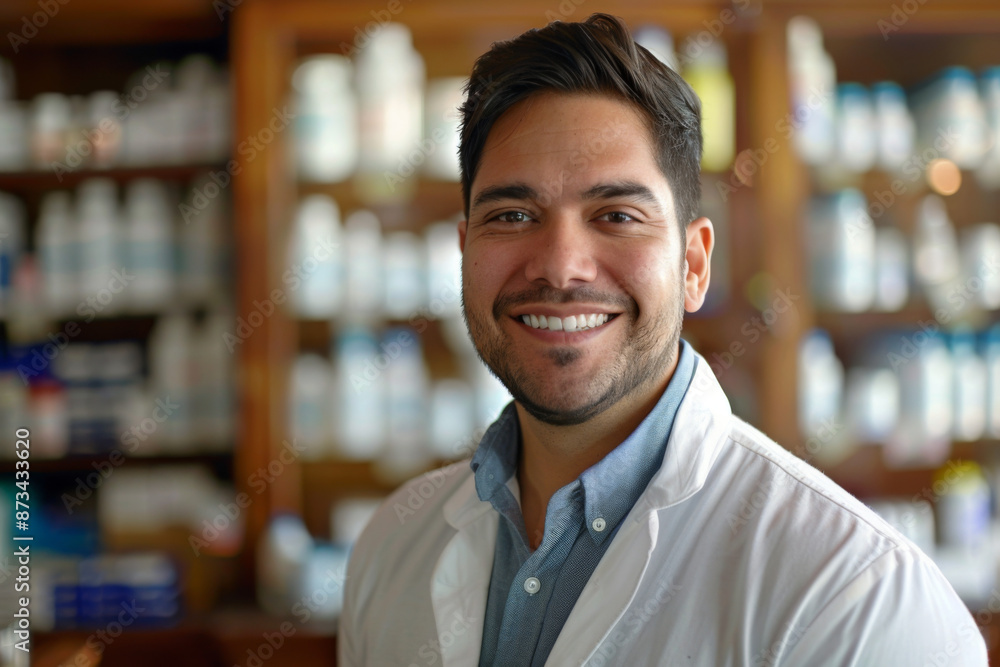 Fototapeta premium Hispanic handsome man smiling, Pharmacist