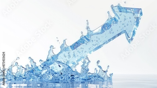 A 3D arrow made of flowing water, rising upwards, symbolizing liquidity and financial growth, on a stark white background.