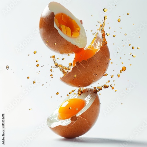 Three halves of a brown egg, stacked on top of each other, with the yolk exposed and dripping down the sides.