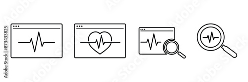 Set of outlined Health diagnostics, monitoring, analysis, heartbeat, heart rate icon. vector Illustration.