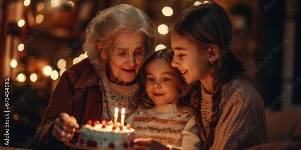 Grandmother Celebrates Birthday with Two Happy Granddaughters Grandmother Celebrates Birthday with Two Happy Granddaughters