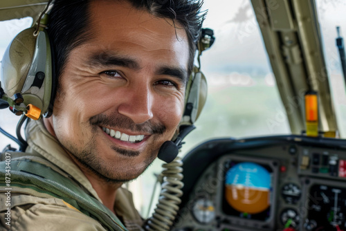 Hispanic handsome man smiling, pilot