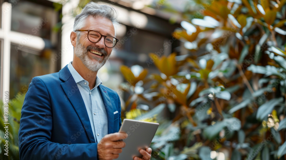 Mature businessman smiling and working on tablet in a lush garden Mature businessman smiling and working on tablet in a lush garden