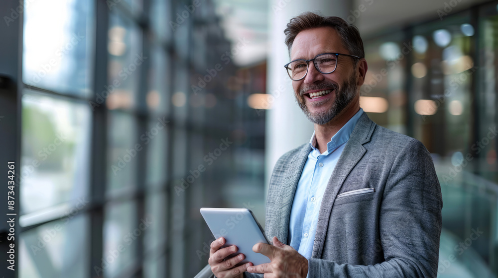 Smiling Businessman Holding Tablet in Modern Glass Office Building Smiling Businessman Holding Tablet in Modern Glass Office Building