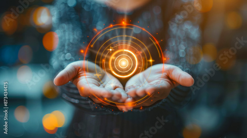 Futuristic Energy Sphere in Hands with Glowing Digital Effects