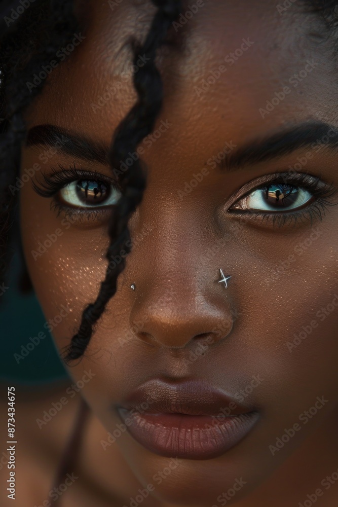 A woman with a nose piercing and a black afro A woman with a nose piercing and a black afro