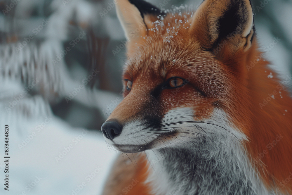 Obraz premium Fox profile in snowy winter landscape with cold environment