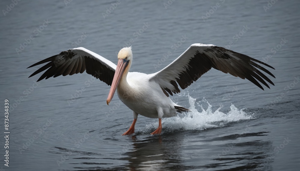 A pelican's graceful landing in the misty morning A pelican's graceful landing in the misty morning