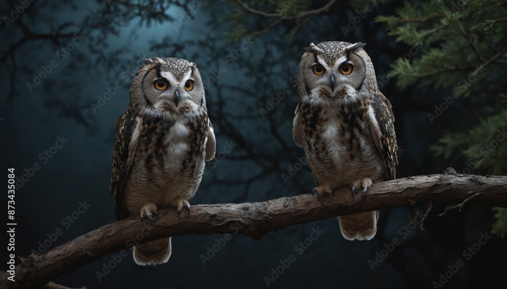 Obraz premium Two owls perched on a branch under the moonlight