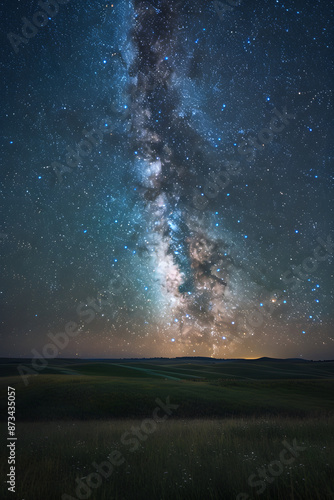 Celestial Majesty: The Milky Way in All Its Splendor Over a Peaceful Open Field, A Serene Nighttime Spectacle