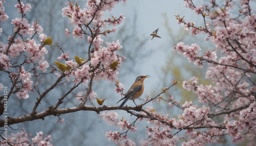 A songbird's serenade amidst the pink blossoms of springtime A songbird's serenade amidst the pink blossoms of springtime