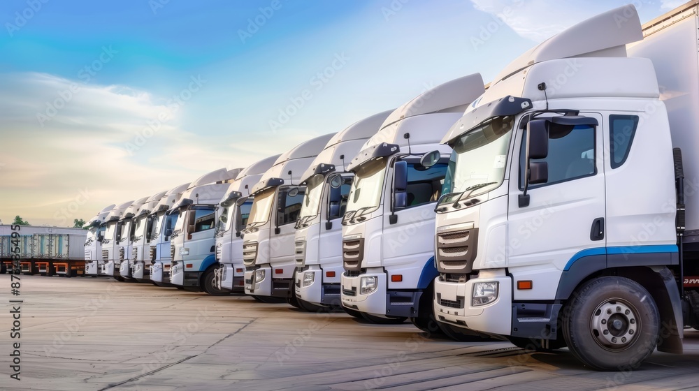 Fleet of trucks organized at a procurement hub, streamlined distribution channels, advanced logistics management Fleet of trucks organized at a procurement hub, streamlined distribution channels, advanced logistics management