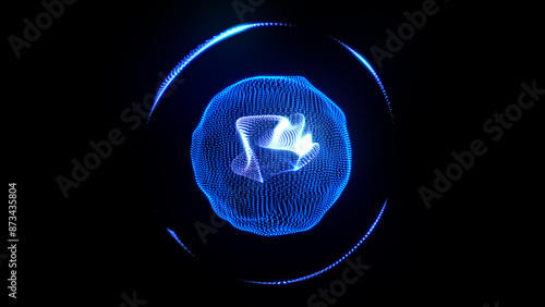 Blue glowing particle 3d sphere on black. Abstract 3d energy orb. Technology, science, and artificial intelligence background. Virtual assistant concept.