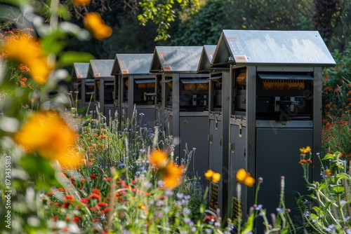 Automated High-Tech Beehives in Blooming Garden with Modern Honey Extraction Systems