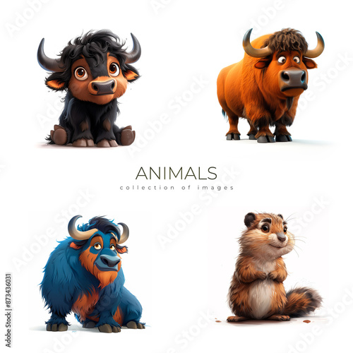 Four Cartoon Animals Posing Against White Background photo