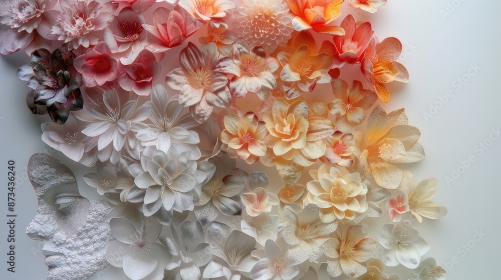 A series of cascading flowers arranged to hint at the outline of a womana??s face, using subtle color gradients and floral textures. A series of cascading flowers arranged to hint at the outline of a womana??s face, using subtle color gradients and floral textures.