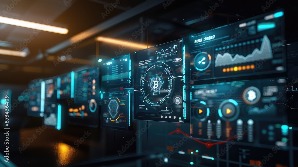 A series of floating digital screens in a dark room showing different aspects of blockchain technology and its impact on business. A series of floating digital screens in a dark room showing different aspects of blockchain technology and its impact on business.