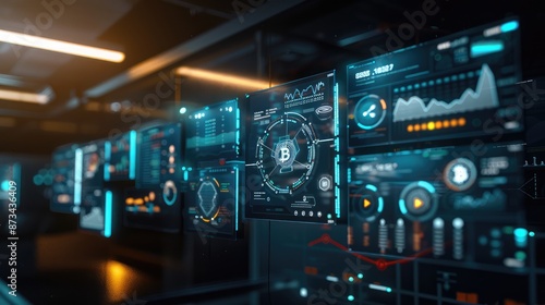 Wallpaper Mural A series of floating digital screens in a dark room showing different aspects of blockchain technology and its impact on business. Torontodigital.ca