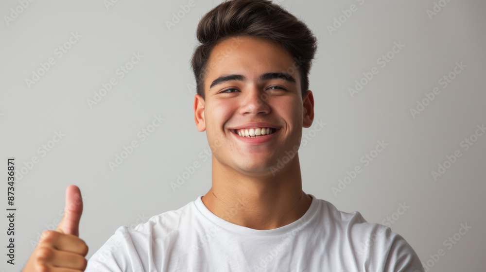 hispanic handsome man smiling Thumbs up gesture isolated on a gray background hispanic handsome man smiling Thumbs up gesture isolated on a gray background