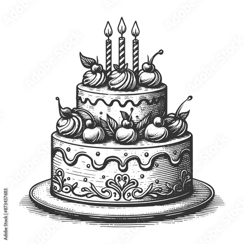 two-tiered birthday cake adorned with fruits, flowers, and lit candles, symbolizing celebration sketch engraving generative ai vector illustration. Scratch board imitation. Black and white image.