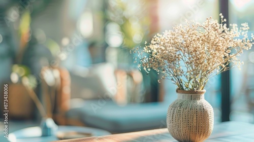 A vase of flowers sits on a table in a room. The room is bright and airy, with a lot of natural light coming in from the windows