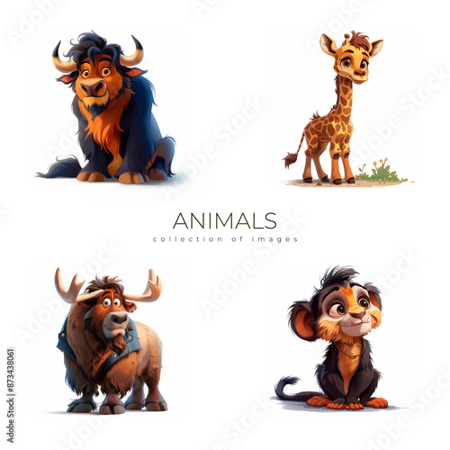 Four Cartoon Animals Illustrated Against a White Background photo