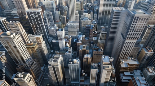 An aerial perspective of a city with tall skyscrapers and buildings, taken during the late afternoon