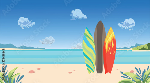 Vector landscape, background image of a tropical beach and surfs on the shore.