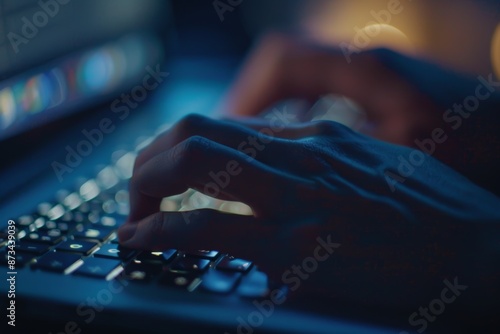 Men are using laptop keyboards to type; they work, study, start businesses, and play computer games at night. up close picture.