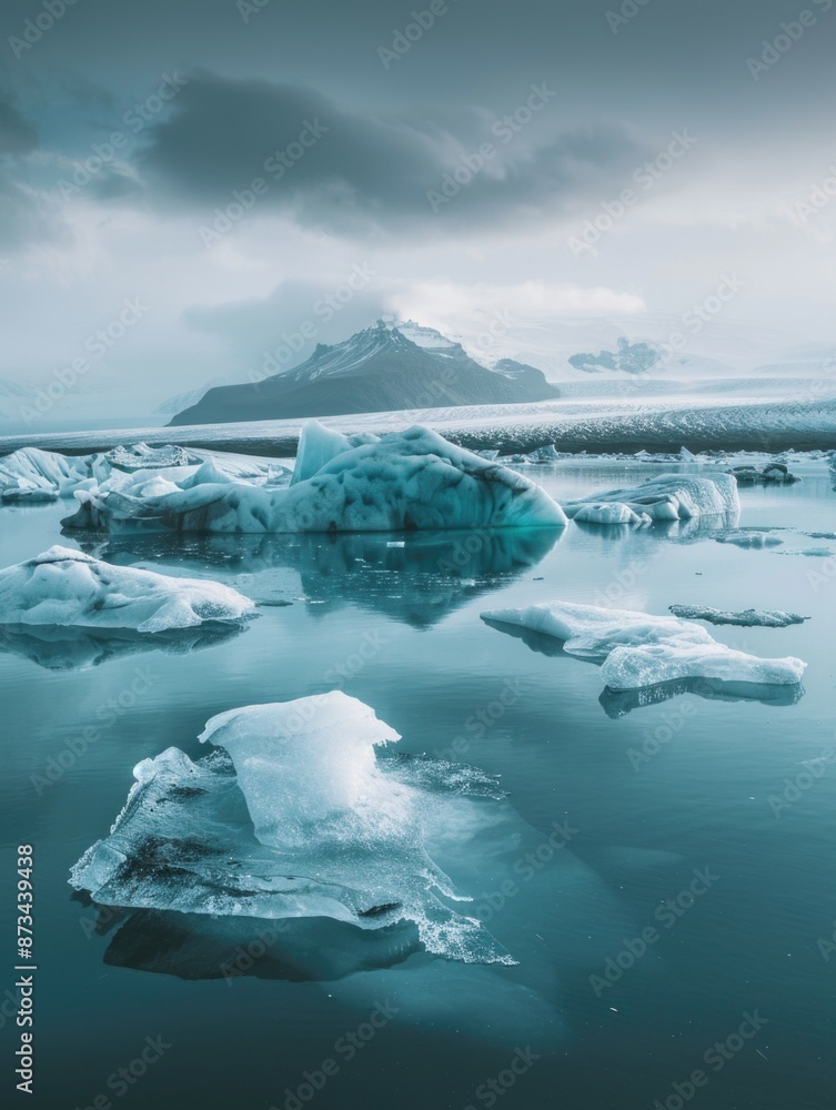 A cold, snowy landscape with a large mountain in the background. The water is frozen and the sky is cloudy A cold, snowy landscape with a large mountain in the background. The water is frozen and the sky is cloudy