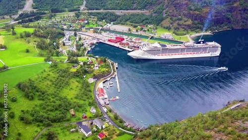 Cruise ship in Flam aerial view. Flam is a village in Flamsdalen, at the Aurlandsfjord a branch of Sognefjord, municipality of Aurland, Norway. photo