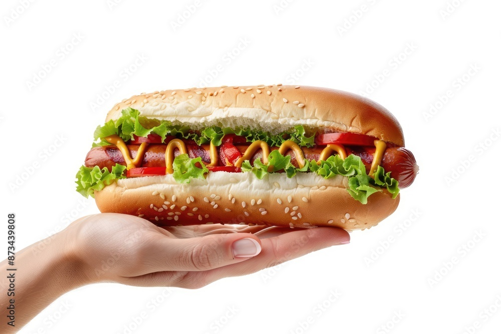 Classic Snack: A Woman's Hand Holding a Hotdog with Lettuce Isolated on a White Background - Highlighting the Simple and Delicious American Favorite. Classic Snack: A Woman's Hand Holding a Hotdog with Lettuce Isolated on a White Background - Highlighting the Simple and Delicious American Favorite.