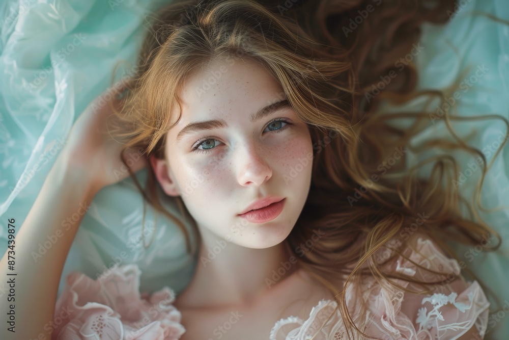 Close-up of a young woman with freckles, resting on a pastel blue fabric, exuding tranquility Close-up of a young woman with freckles, resting on a pastel blue fabric, exuding tranquility