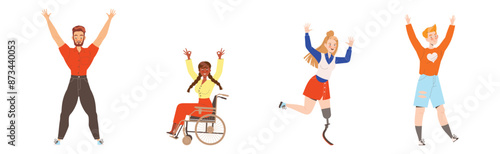 Happy and Rejoicing People Character Cheering Raising Hands Up Vector Illustration Set