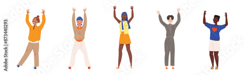 Happy and Rejoicing People Character Cheering Raising Hands Up Vector Illustration Set