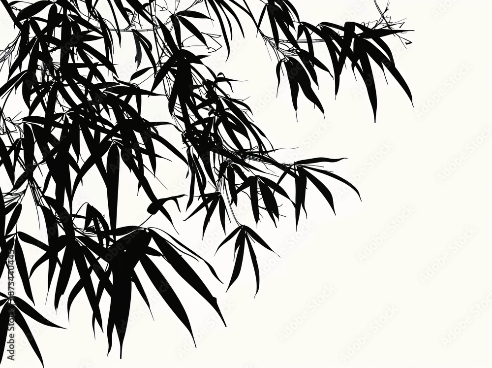Obraz premium Bamboo leaves, vector illustration style, black and white silhouette on a white background, high resolution, high quality, high detail with simple lines and minimalist details. A close-up of bamboo sh