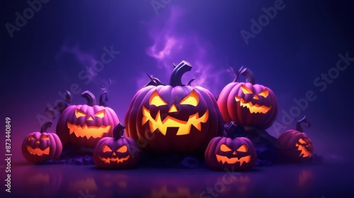 A group of Halloween pumpkins are stacked on a dark surface, creating a festive display. The pumpkins are vibrant and set against a moody backdrop