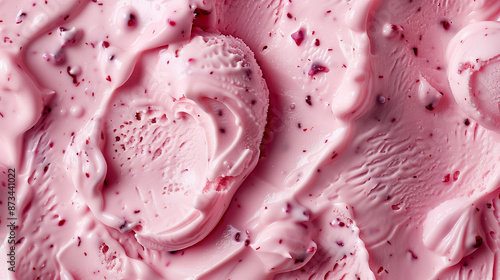 Close-up of creamy pink ice cream texture with berry bits

