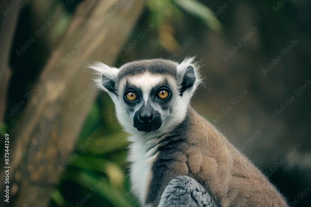Obraz premium Portrait of a lemur in a forest setting with vivid green foliage and intense gaze