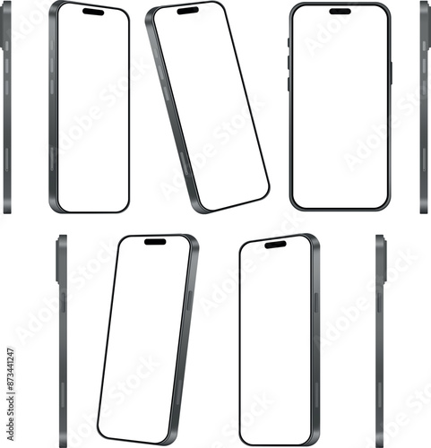 Six Different Angles of a Black Smartphone Iphone  With a Blank Screen
