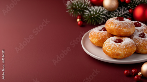  Hanukkah table setting with latkes (potato pancakes) and sufganiyot (jelly-filled donuts) on a festive platter photo