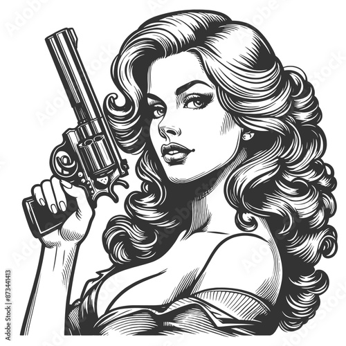 femme fatale holding a revolver, showcasing a confident and seductive expression sketch engraving generative ai fictional character vector illustration. Scratch board imitation. Black and white image.