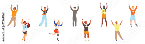 Happy and Rejoicing People Character Cheering Raising Hands Up Vector Illustration Set