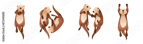 Sea Otter as Marine Mammal and Aquatic Creature with Brown Coat and Long Tail Vector Set