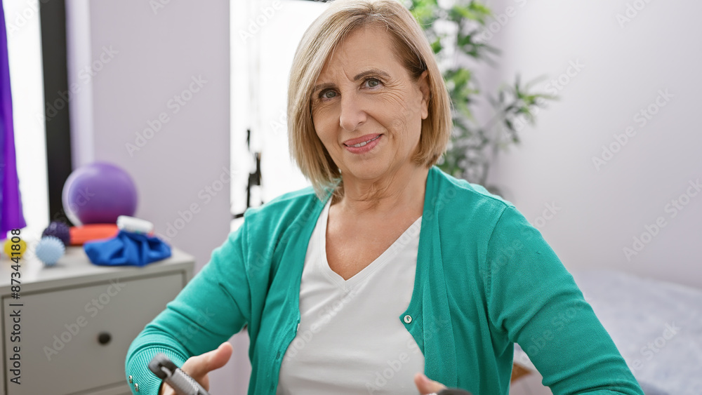 Senior woman exercising with resistance band in bright indoor rehab clinic