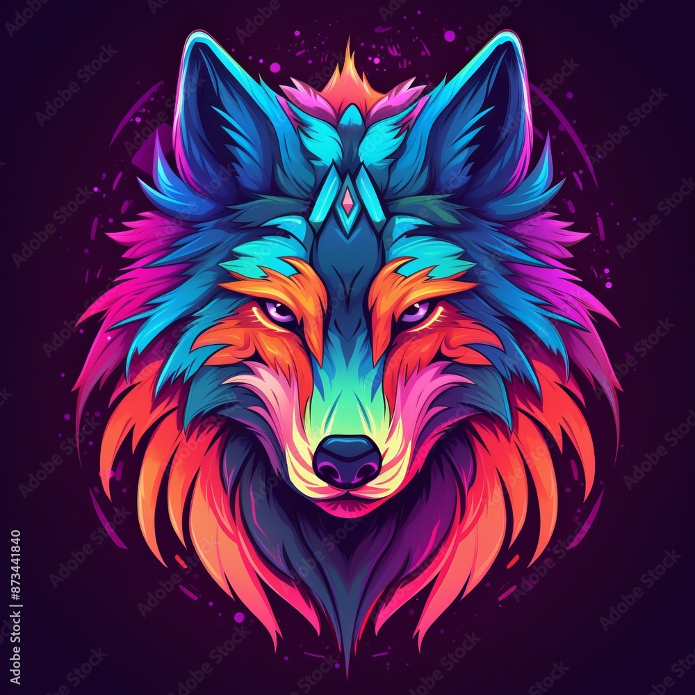 Obraz premium A stunning, colorful digital illustration of a mystical wolf head with vibrant hues and artistic details.