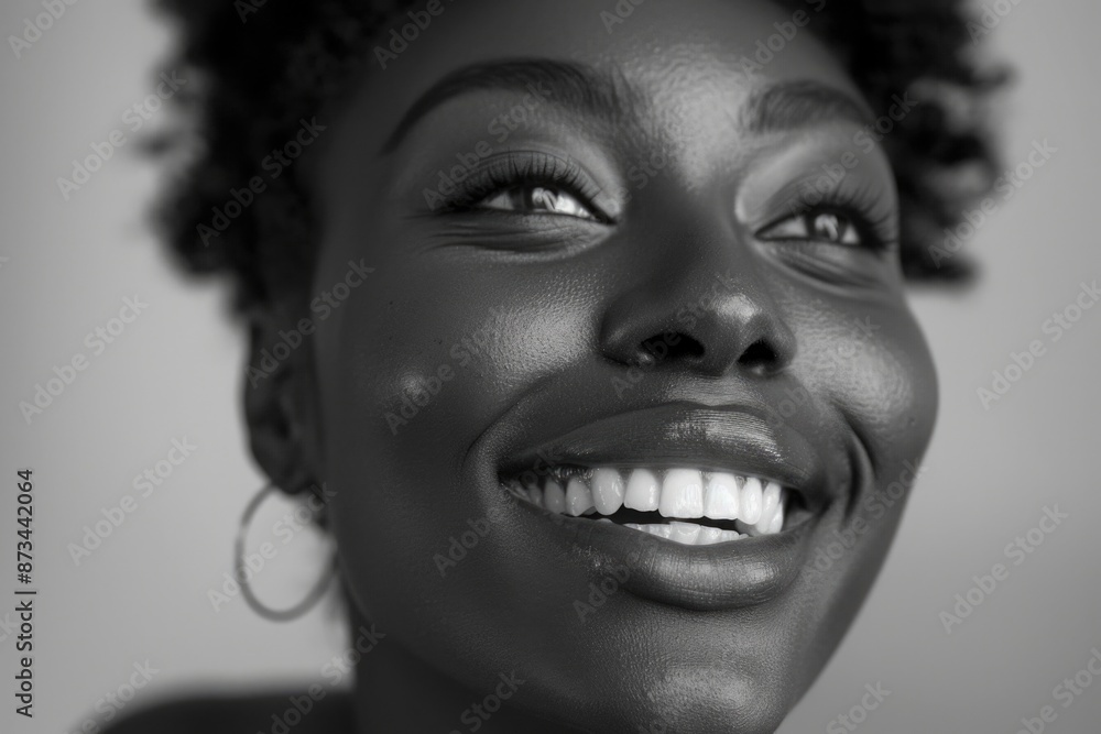 A woman with a big smile on her face. She has a lot of teeth and is wearing earrings A woman with a big smile on her face. She has a lot of teeth and is wearing earrings