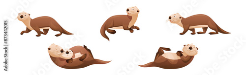 Sea Otter as Marine Mammal and Aquatic Creature with Brown Coat and Long Tail Vector Set