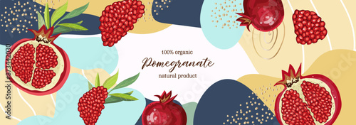 Vector horizontal banner with drawings of pomegranate, garnet fruit and abstract elements. Hand drawn illustrations.